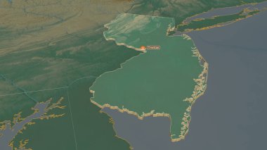 New Jersey 'e (ABD eyaleti) yakınlaştırın. Belirsiz bir bakış açısı. Yüzey suları olan topografik yardım haritası. 3B görüntüleme