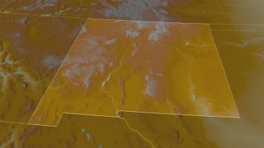New Mexico 'ya (ABD eyaleti) yakınlaştır. Belirsiz bir bakış açısı. Yüzey suları olan topografik yardım haritası. 3B görüntüleme