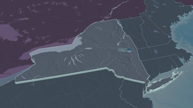 New York 'a (ABD eyaleti) yakınlaştır. Belirsiz bir bakış açısı. Yüzey sularıyla birlikte idari bölümün renkli ve çarpık haritası. 3B görüntüleme