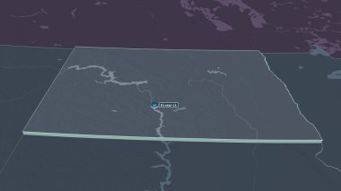 Kuzey Dakota 'ya (ABD eyaleti) yakınlaştırın. Belirsiz bir bakış açısı. Yüzey sularıyla birlikte idari bölümün renkli ve çarpık haritası. 3B görüntüleme