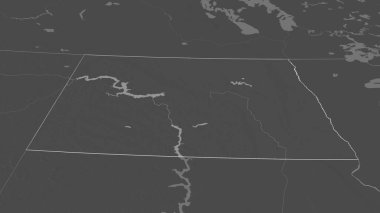 Kuzey Dakota 'ya (ABD eyaleti) yakınlaştır. Belirsiz bir bakış açısı. Yüzey sularıyla çift seviyeli yükseklik haritası. 3B görüntüleme