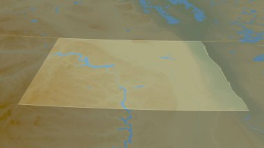 Kuzey Dakota 'ya (ABD eyaleti) yakınlaştır. Belirsiz bir bakış açısı. Yüzey suları olan topografik yardım haritası. 3B görüntüleme