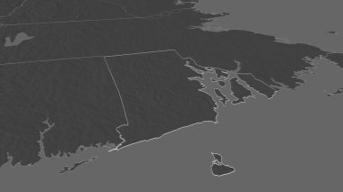 Rhode Island 'a (ABD eyaleti) yakınlaştır. Belirsiz bir bakış açısı. Yüzey sularıyla çift seviyeli yükseklik haritası. 3B görüntüleme