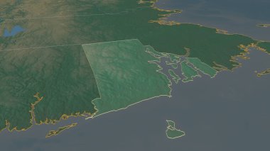 Rhode Island 'a (ABD eyaleti) yakınlaştır. Belirsiz bir bakış açısı. Yüzey suları olan topografik yardım haritası. 3B görüntüleme