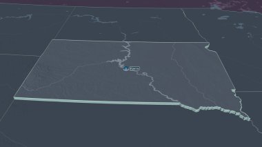 Güney Dakota 'ya (ABD eyaleti) yakınlaştırın. Belirsiz bir bakış açısı. Yüzey sularıyla birlikte idari bölümün renkli ve çarpık haritası. 3B görüntüleme