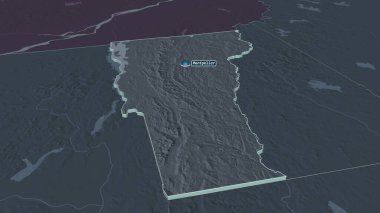 Vermont 'a (ABD eyaleti) yakınlaştır. Belirsiz bir bakış açısı. Yüzey sularıyla birlikte idari bölümün renkli ve çarpık haritası. 3B görüntüleme