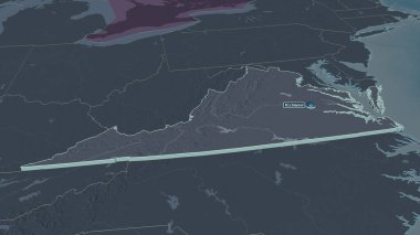 Virginia 'ya (ABD eyaleti) yakınlaştır. Belirsiz bir bakış açısı. Yüzey sularıyla birlikte idari bölümün renkli ve çarpık haritası. 3B görüntüleme