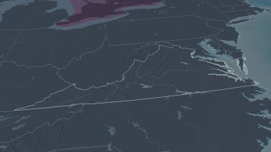 Virginia 'ya (ABD eyaleti) yakınlaştır. Belirsiz bir bakış açısı. Yüzey sularıyla birlikte idari bölümün renkli ve çarpık haritası. 3B görüntüleme