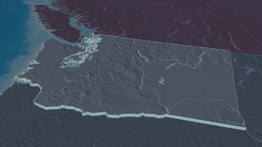 Washington 'a (ABD eyaleti) yakınlaştırın. Belirsiz bir bakış açısı. Yüzey sularıyla birlikte idari bölümün renkli ve çarpık haritası. 3B görüntüleme