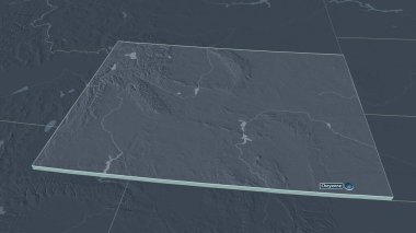 Wyoming 'e (ABD eyaleti) yakınlaştır. Belirsiz bir bakış açısı. Yüzey sularıyla birlikte idari bölümün renkli ve çarpık haritası. 3B görüntüleme