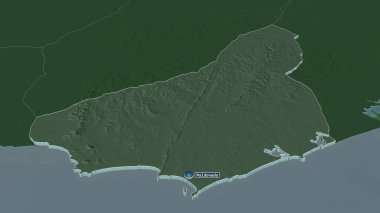Maldonado 'ya (Uruguay Bölümü) yakınlaştır. Belirsiz bir bakış açısı. Yüzey sularıyla birlikte idari bölümün renkli ve çarpık haritası. 3B görüntüleme