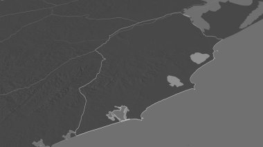 Rocha 'ya (Uruguay Departmanı) yakınlaştır. Belirsiz bir bakış açısı. Yüzey sularıyla çift seviyeli yükseklik haritası. 3B görüntüleme