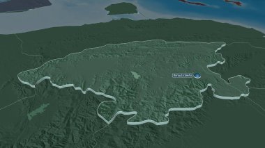 Lara 'yı (Venezuela eyaleti) yakınlaştır. Belirsiz bir bakış açısı. Yüzey sularıyla birlikte idari bölümün renkli ve çarpık haritası. 3B görüntüleme