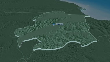 Yaracuy 'a (Venezuela eyaleti) yakınlaştır. Belirsiz bir bakış açısı. Yüzey sularıyla birlikte idari bölümün renkli ve çarpık haritası. 3B görüntüleme