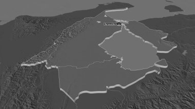 Zulia 'ya (Venezuela eyaleti) yakınlaştır. Belirsiz bir bakış açısı. Yüzey sularıyla çift seviyeli yükseklik haritası. 3B görüntüleme