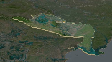 Ninh Binh 'e (Vietnam vilayeti) yakınlaştırın. Belirsiz bir bakış açısı. Uydu görüntüleri. 3B görüntüleme