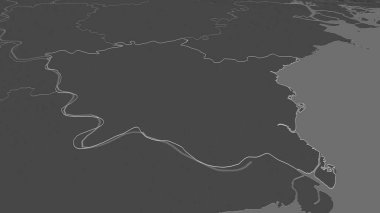 Tay Binh 'e (Vietnam vilayeti) yakınlaştırın. Belirsiz bir bakış açısı. Yüzey sularıyla çift seviyeli yükseklik haritası. 3B görüntüleme