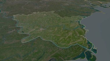 Tay Binh 'e (Vietnam vilayeti) yakınlaştırın. Belirsiz bir bakış açısı. Uydu görüntüleri. 3B görüntüleme