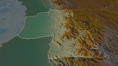 Hajjah 'a (Yemen Valiliği) yakınlaş. Belirsiz bir bakış açısı. Yüzey suları olan topografik yardım haritası. 3B görüntüleme