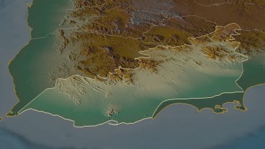 Lahij 'in (Yemen Valiliği) ana hatlarını yakınlaştır. Belirsiz bir bakış açısı. Yüzey suları olan topografik yardım haritası. 3B görüntüleme