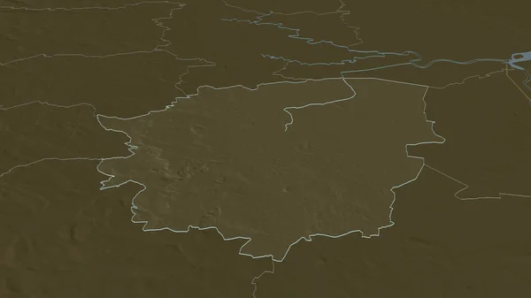Zoom in on Doncaster (administrative county of England) outlined. Oblique perspective. Colored and bumped map of the administrative division with surface waters. 3D rendering