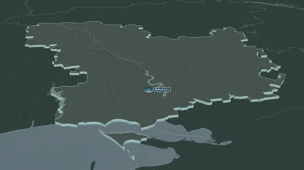 Ampliar Mykolayiv Región Ucrania Extruido Perspectiva Oblicua Mapa Coloreado Tocado — Foto de Stock