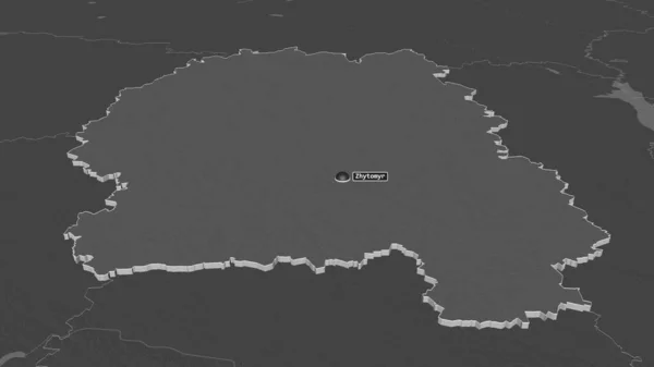 Zoom Zhytomyr Regione Dell Ucraina Estruso Prospettiva Obliqua Mappa Elevazione — Foto Stock