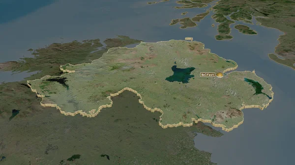 放大对北爱尔兰 联合王国地区 的挤压 斜的角度 卫星图像 3D渲染 — 图库照片