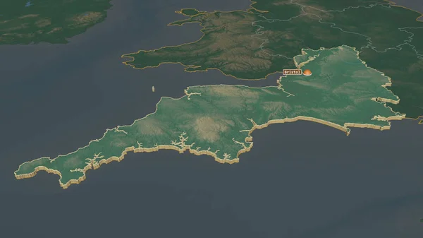 南西部 イギリスの地域 でズームアウト 嘘の見方だ 地表水と地形救援マップ 3Dレンダリング — ストック写真