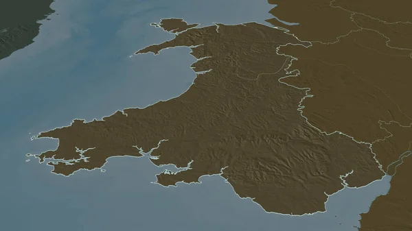 Ampliar Gales Región Del Reino Unido Perspectiva Oblicua Mapa Coloreado — Foto de Stock
