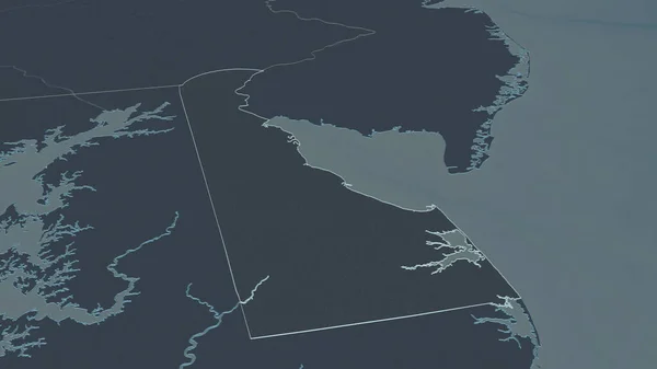 Zoom in on Delaware (state of United States) outlined. Oblique perspective. Colored and bumped map of the administrative division with surface waters. 3D rendering