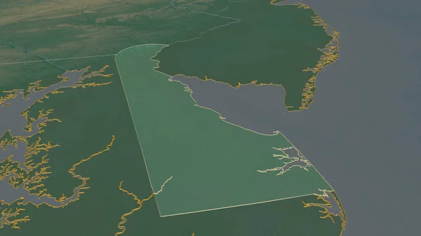 Zoom in on Delaware (state of United States) outlined. Oblique perspective. Topographic relief map with surface waters. 3D rendering