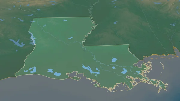 Zoom in on Louisiana (state of United States) outlined. Oblique perspective. Topographic relief map with surface waters. 3D rendering
