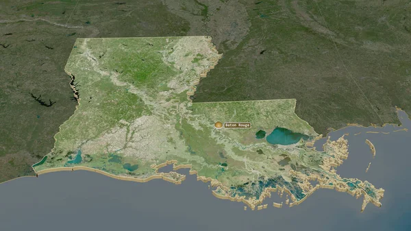 Zoom in on Louisiana (state of United States) extruded. Oblique perspective. Satellite imagery. 3D rendering