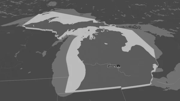 Zoom Michigan Stato Degli Stati Uniti Estruso Prospettiva Obliqua Mappa — Foto Stock