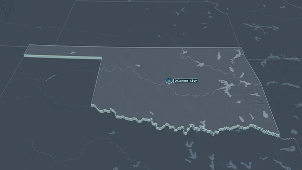 Zoom in on Oklahoma (state of United States) extruded. Oblique perspective. Colored and bumped map of the administrative division with surface waters. 3D rendering