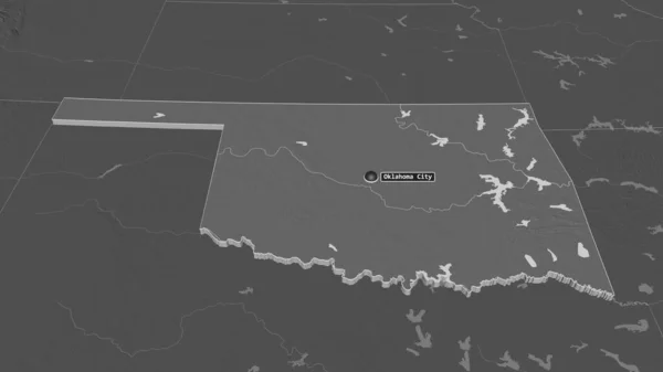 Zoom in on Oklahoma (state of United States) extruded. Oblique perspective. Bilevel elevation map with surface waters. 3D rendering