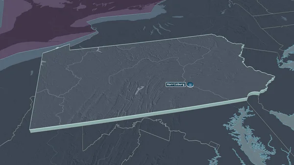 Zoom Pennsylvania Stato Degli Stati Uniti Estruso Prospettiva Obliqua Mappa — Foto Stock