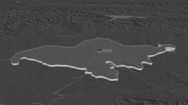 Zoom in on Andijon (region of Uzbekistan) extruded. Oblique perspective. Bilevel elevation map with surface waters. 3D rendering