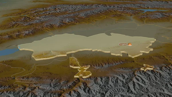 Zooma Ferghana Regionen Uzbekistan Svagt Perspektiv Topografisk Reliefkarta Med Ytvatten — Stockfoto