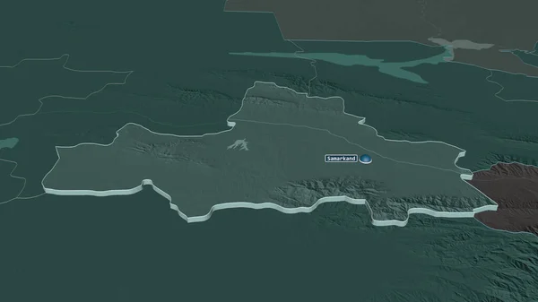 放大撒马尔罕 乌兹别克斯坦地区 的挤压 斜的角度 用地表水绘制了行政区划的彩色和凹凸的地图 3D渲染 — 图库照片
