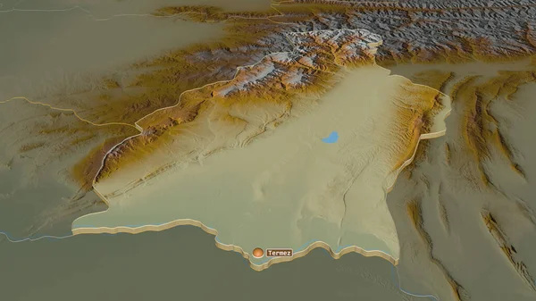 加大对Surkhandarya 乌兹别克斯坦地区 的控制力度 斜的角度 带有地表水的地形图 3D渲染 — 图库照片