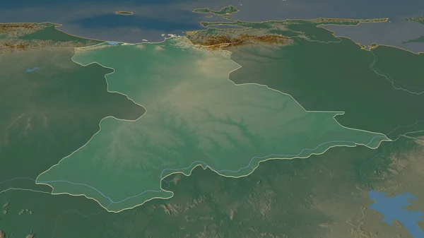 将重点放在Anzoategui 委内瑞拉国 斜的角度 带有地表水的地形图 3D渲染 — 图库照片