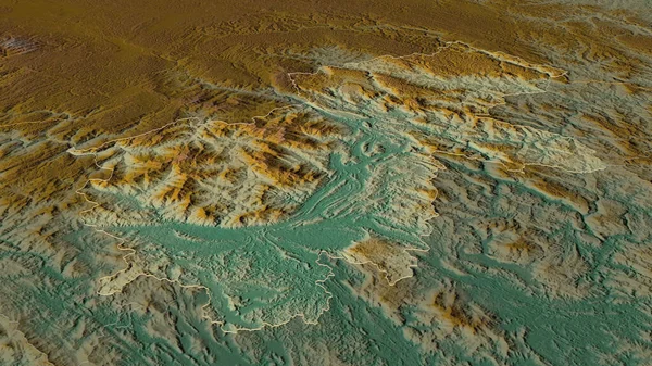放大下乡 越南省 斜的角度 带有地表水的地形图 3D渲染 — 图库照片