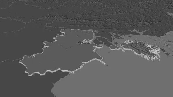 Zoom in on Hai Phong (city of Vietnam) extruded. Oblique perspective. Bilevel elevation map with surface waters. 3D rendering