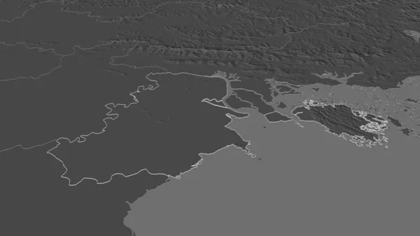 Zoom in on Hai Phong (city of Vietnam) outlined. Oblique perspective. Bilevel elevation map with surface waters. 3D rendering