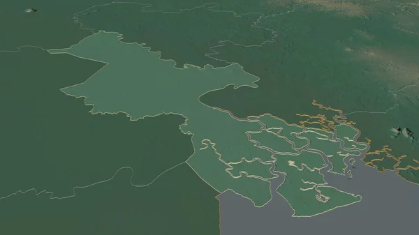 Zoom in on Ho Chi Minh City (city of Vietnam) outlined. Oblique perspective. Topographic relief map with surface waters. 3D rendering