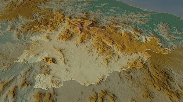 放大Kon Tum 越南省 斜的角度 带有地表水的地形图 3D渲染 — 图库照片