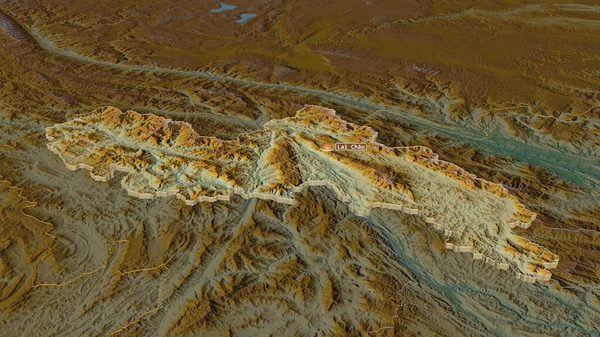 在荔洲 越南省 放大挤压 斜的角度 带有地表水的地形图 3D渲染 — 图库照片