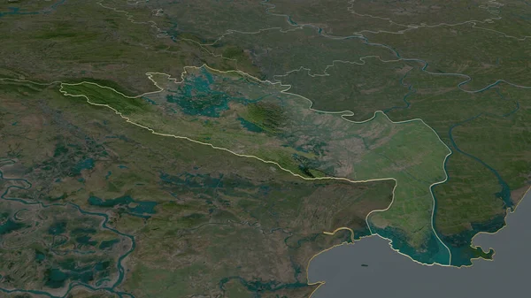 Ninh Binh 'e (Vietnam ili) yakınlaştırın. Belirsiz bir bakış açısı. Uydu görüntüleri. 3B görüntüleme